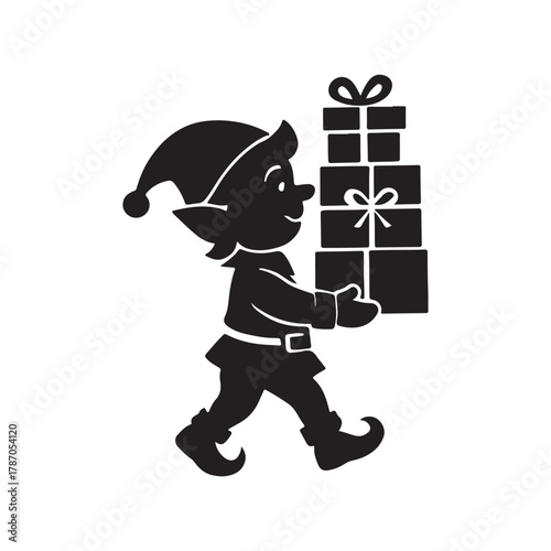 Charming black silhouette of a Christmas elf walking with a stack of gift boxes, a festive holiday vector icon