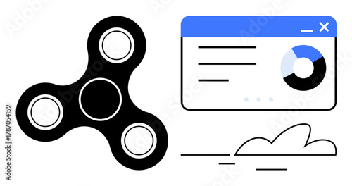 Black fidget spinner, analytics webpage with pie chart, and cloud icon. Ideal for productivity, stress relief, teamwork, innovation, technology balance and focus. Simple flat metaphor