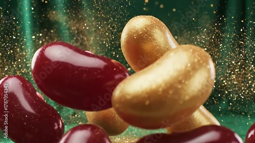 Floating Red and Gold Confectionery Candies with Glitter against Green Fabric Backdrop