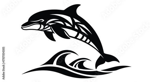 Dynamic dolphin leaps from the ocean waves in stylized tribal design