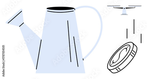 Watering can pouring, coin symbolizing investment, and quadcopter representing innovation, collaboration. Ideal for growth, business, sustainability, investment, innovation teamwork crowdfunding