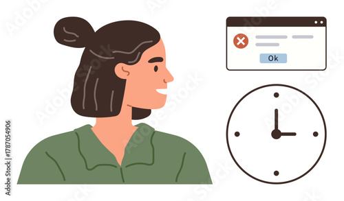 Smiling woman glances sideways, web error pop-up with ok button and clock. Ideal for time management, multitasking, troubleshooting, deadlines, problem-solving, workplace stress, simple flat
