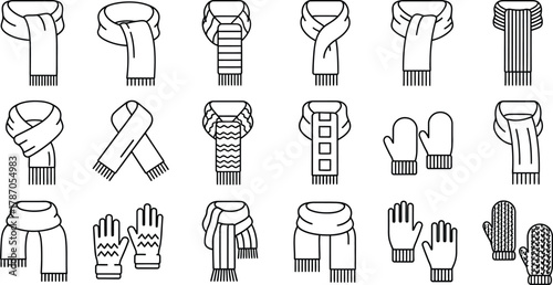 Collection of winter scarves and mittens in outline style
