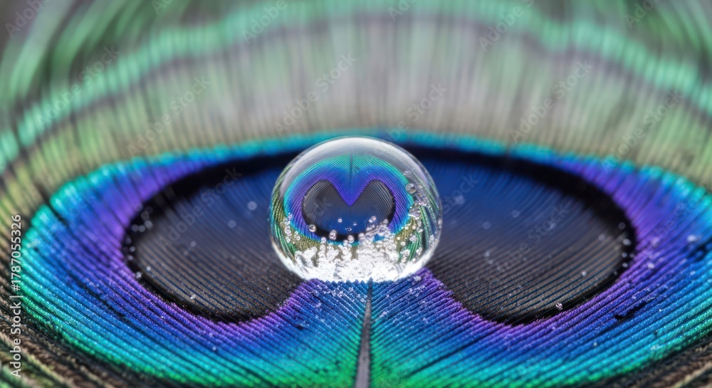 Naklejka premium Captivating macro shot featuring a delicate water droplet on vibrant peacock feather surface