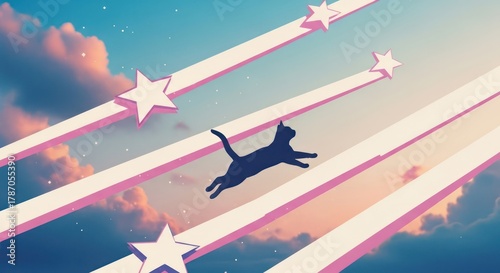 Celestial feline journey: A whimsical leap through starry skies and pastel dreams
