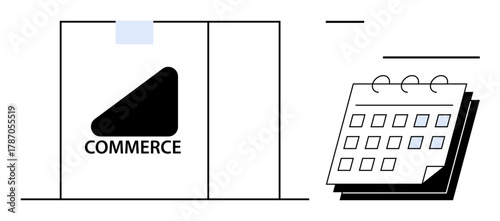 Storefront with commerce logo adjacent to a calendar highlighting planning, scheduling, retail, and business operations. Ideal for retail strategy, time management, marketing campaigns, appointments