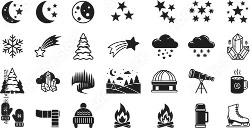 Collection of winter and night sky icons for design and decoration