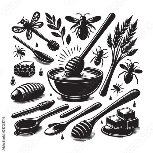 "Bee and Honey Dripper Vector Graphic for Logo & Packaging"