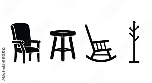 Modern furniture set for stylish home interior design in black and white