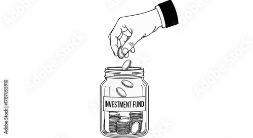 Hand Adding Coins to Investment Fund Jar Illustration.