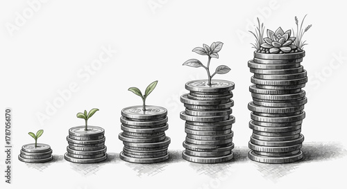 Growing stacks of coins with plants symbolizing financial growth and investment.