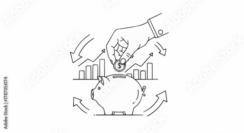 Hand putting a coin into a piggy bank for savings and investment.