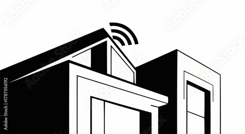 Smart home concept - Modern building with wireless internet connection.