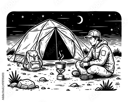 Man Camping under Starry Sky – Minimal Black and White Outdoor Illustration