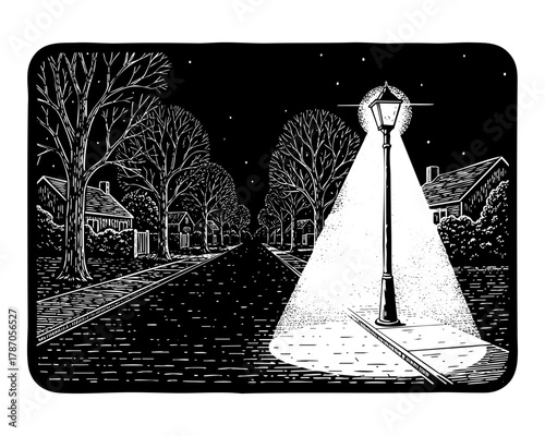 Empty Street under Lamplight – Black and White Minimal Night Illustration