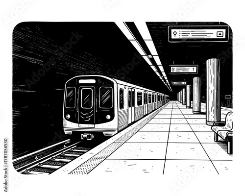 Subway Station with Train Arriving – Black and White Minimal Urban Illustration