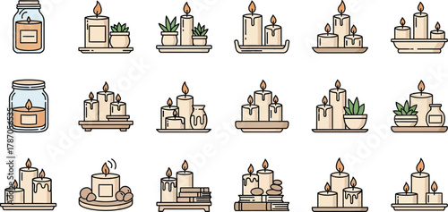 Aromatic candles with plants in pots vector set for home decor and cozy interior