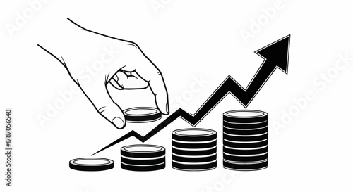 Hand stacking coins on an upward trending financial graph.