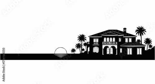 Luxurious Coastal Villa Silhouette with Palm Trees and Ocean Sunset.