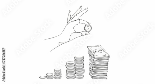Hand dropping a coin onto growing stacks of money sketch.