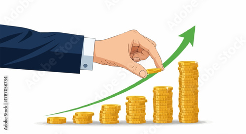 Hand placing coin on growing stack with upward arrow.