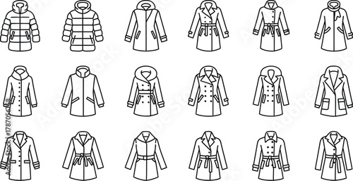 Collection of winter coats and jackets in fashionable outerwear in outline style