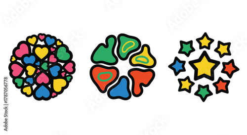Colorful hearts, abstract shapes, stars create vibrant decorations