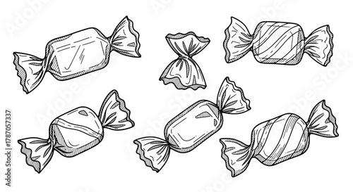 A collection of various wrapped candies in a hand-drawn, black and white sketch style, depicting different shapes and packaging.