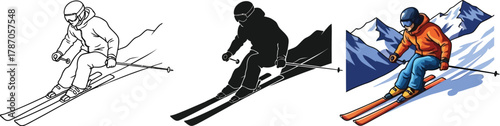 Illustration of a skier skiing downhill, shown as a line drawing, a silhouette, and in full color