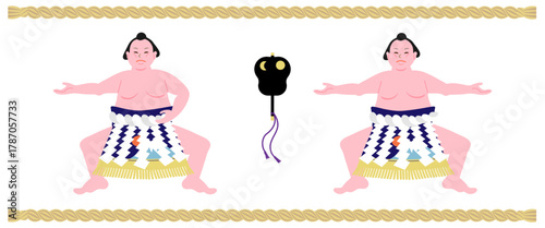 Vector illustration set of Yokozuna sumo wrestler performing dohyo-iri ceremony in Unryu and Shiranui style, cute flat design