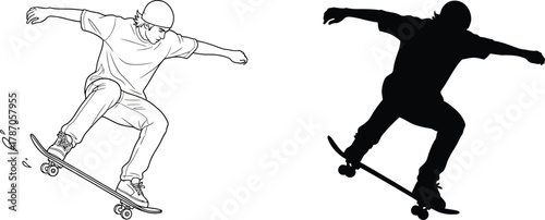 Skateboarder in action doing a trick, line drawing and silhouette