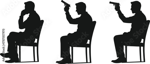Silhouette of man in emotional crisis, mental health awareness, depression, suicide prevention, gun violence, despair, anxiety, psychological trauma illustration