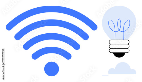 Blue wireless signal icon next to a light bulb with plant design inside and a cloud. Ideal for innovation, connectivity, technology, sustainability, energy, modern communication, and simple flat