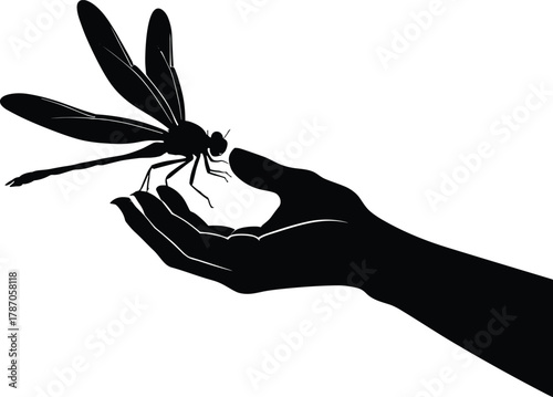 Black silhouette of human hand holding dragonfly gently, symbolizing nature connection, fragility, harmony, wildlife care, and peaceful interaction.