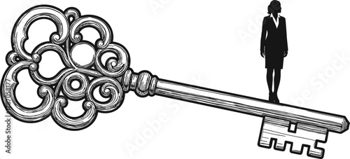 Vintage ornate key with business silhouette symbolizing opportunity, unlocking potential, access, leadership, career growth, and strategic success in abstract concept.
