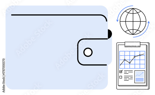 Wallet icon symbolizes savings globe with arrows represents international trade clipboard conveys data tracking and progress analysis. Ideal for finance, economy, trade, investment, planning