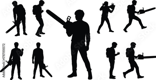 Chainsaw worker silhouette set showing various action poses with backpack, standing, walking, cutting, and holding chainsaw in dramatic style
