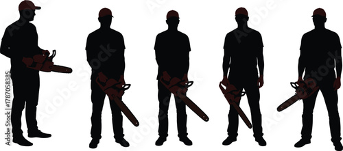 Silhouettes of workers in hard hats using chainsaws, demonstrating safety gear, posture, and cutting techniques for forestry and construction.