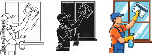 Window cleaner cleaning glass in different styles