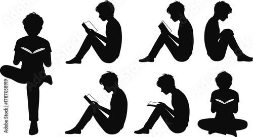Silhouette Set of People Reading Books in Various Sitting Positions for Education, Literacy, Relaxation, Library, and Study Concepts