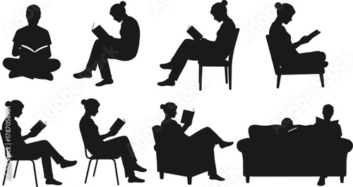 Black Silhouettes of People Reading Books in Various Relaxed Sitting Positions Indoors – Vector Illustration for Education and Lifestyle Concepts