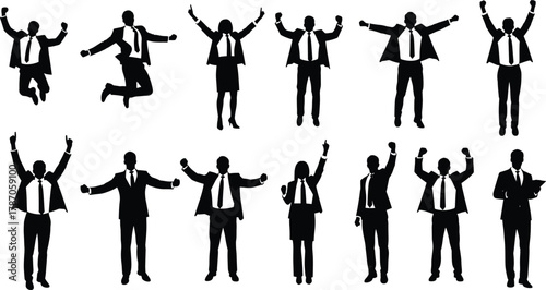 Business people celebrating success with energetic poses, teamwork motivation, corporate achievement, professional triumph, career growth, and leadership inspiration vector illustration.