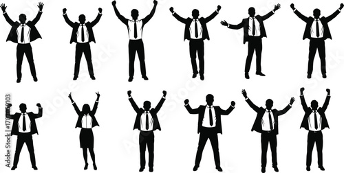 Business team silhouettes celebrating success with raised arms, symbolizing achievement, motivation, teamwork, corporate victory, unity, and professional triumph.