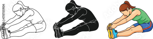 Illustration of a woman stretching her legs in three different styles