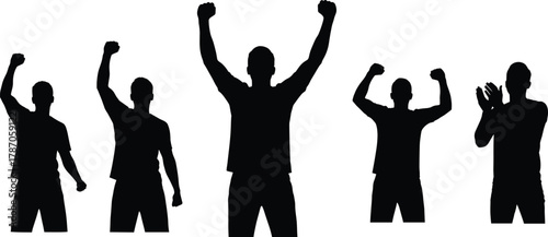 Silhouetted people celebrating success with raised arms, clapping, cheering, and triumphant gestures in unity, motivation, victory, and teamwork concept