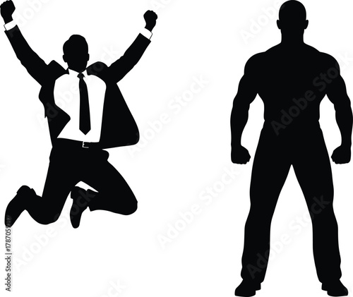 Businessman jumping silhouette and strong man pose vector illustration showing contrast of celebration and power in black and white
