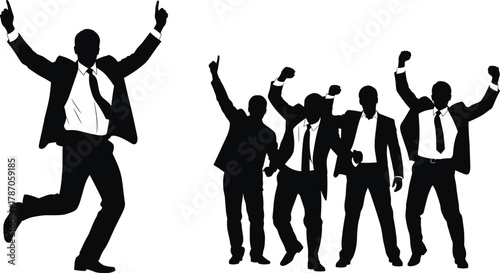 Business team celebrating success with energetic poses, corporate achievement, teamwork motivation, professional victory, career growth, and workplace enthusiasm illustration.