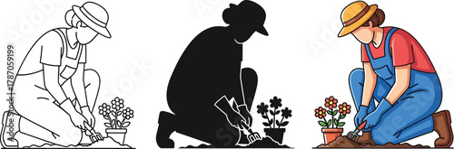 Illustration of a woman gardening in three different styles
