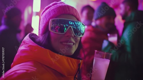 Woman in ski gear at a vibrant, neon-lit gathering