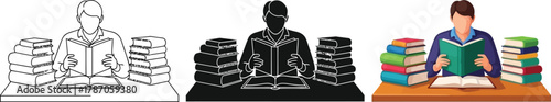 Illustration of a man reading a book with stacks of books, available as silhouette, outline, and color version